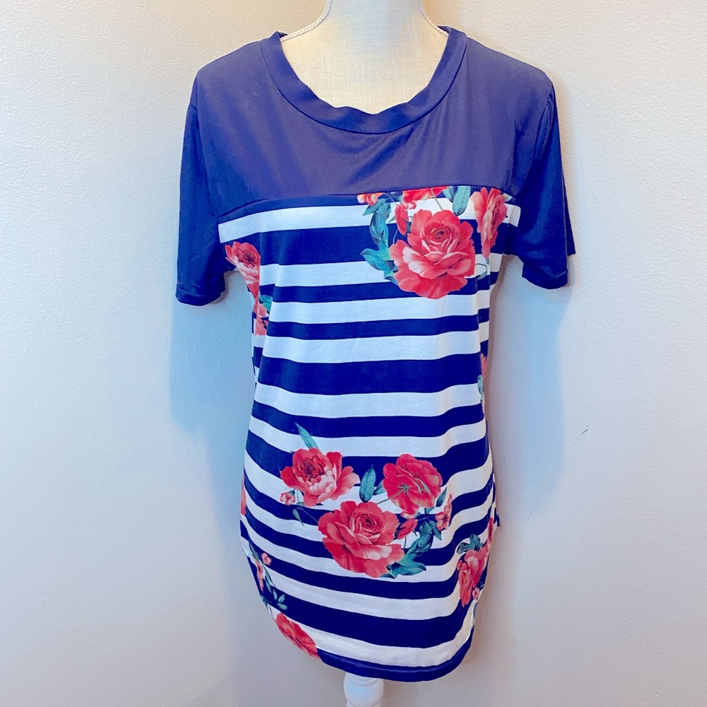 LiuSiRan Navy/White Striped Floral Shirt